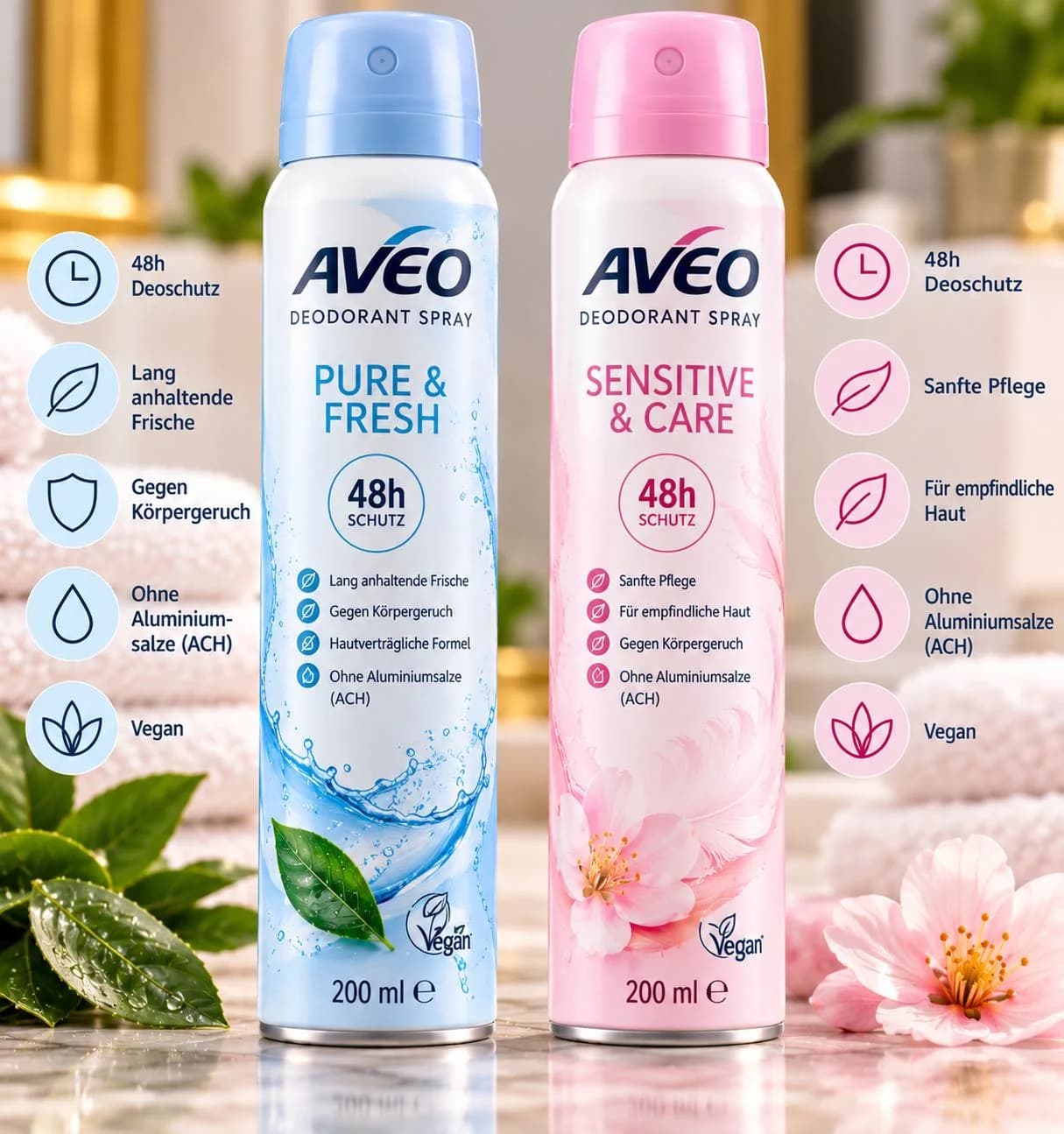 Aveo Pure & Fresh and Sensitive & Care deodorant sprays